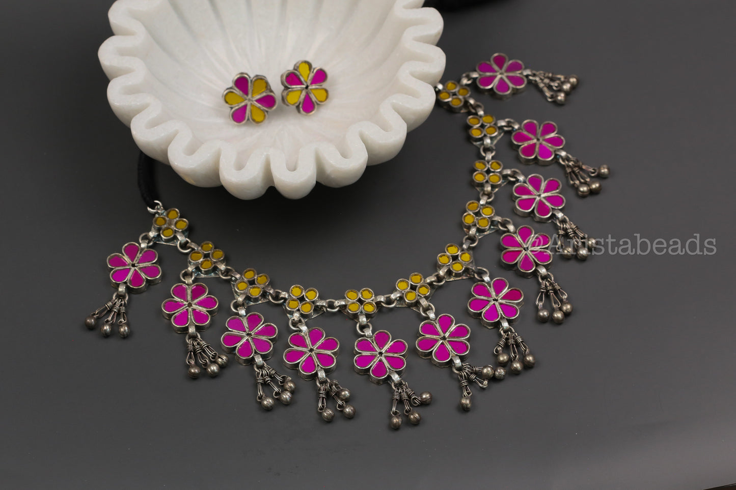 Roop Real Glass Necklace Set - Yellow Hot Pink