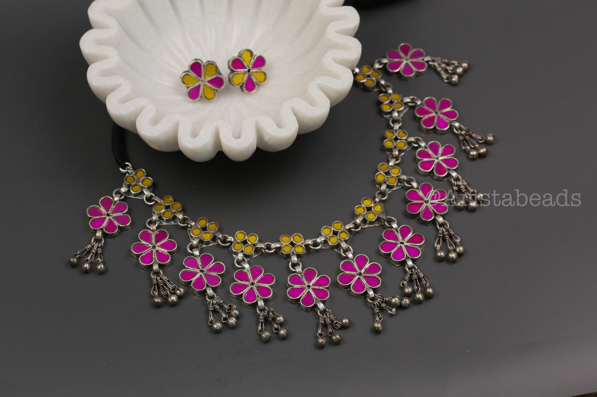 Roop Real Glass Necklace Set - Yellow Hot Pink