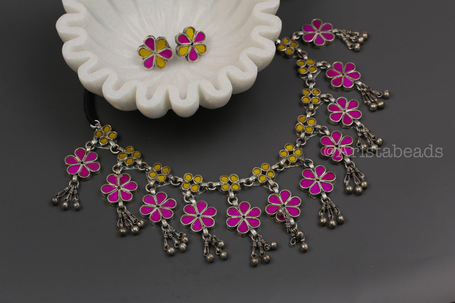 Roop Real Glass Necklace Set - Yellow Hot Pink