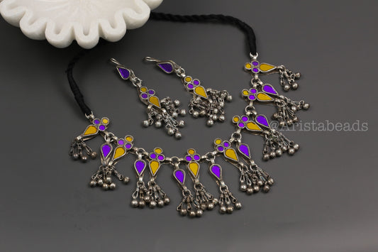 Aaina Real Glass Necklace Set - Yellow Purple