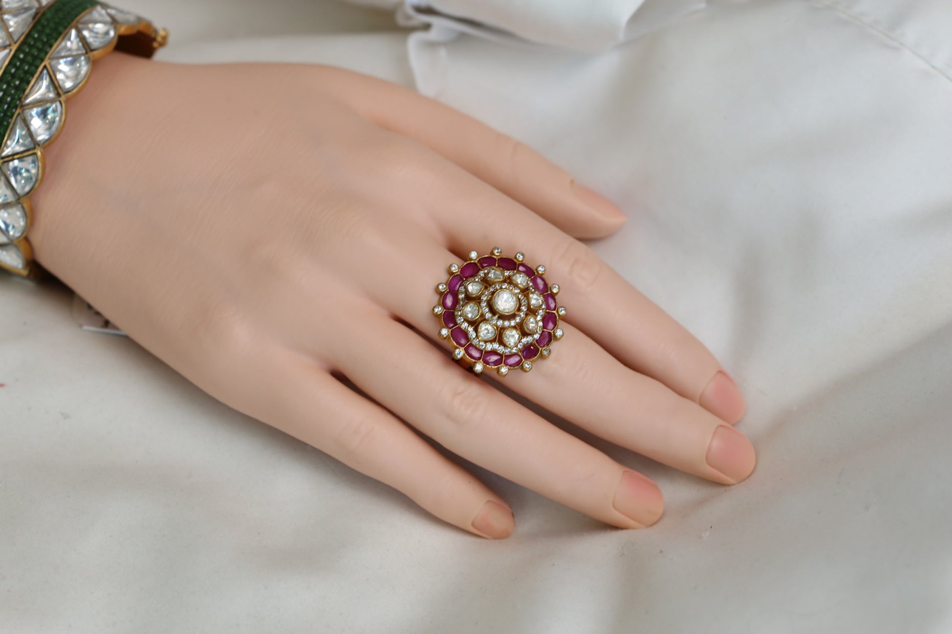 Fine CZ, Moissanites & Kundan Polki Ring - Ruby