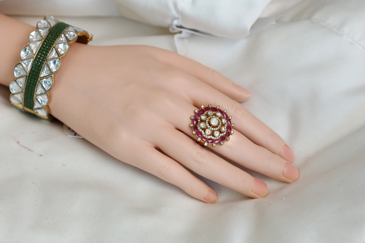 Fine CZ, Moissanites & Kundan Polki Ring - Ruby