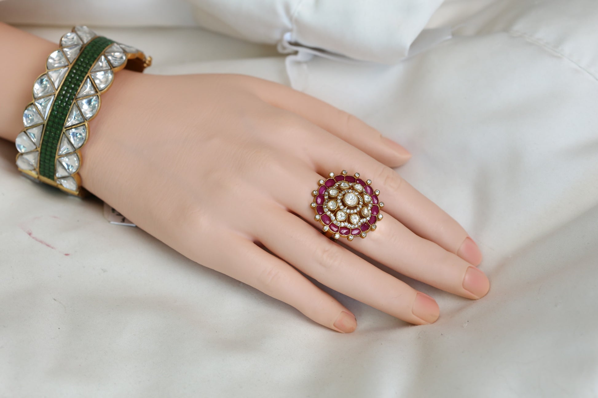 Fine CZ, Moissanites & Kundan Polki Ring - Ruby