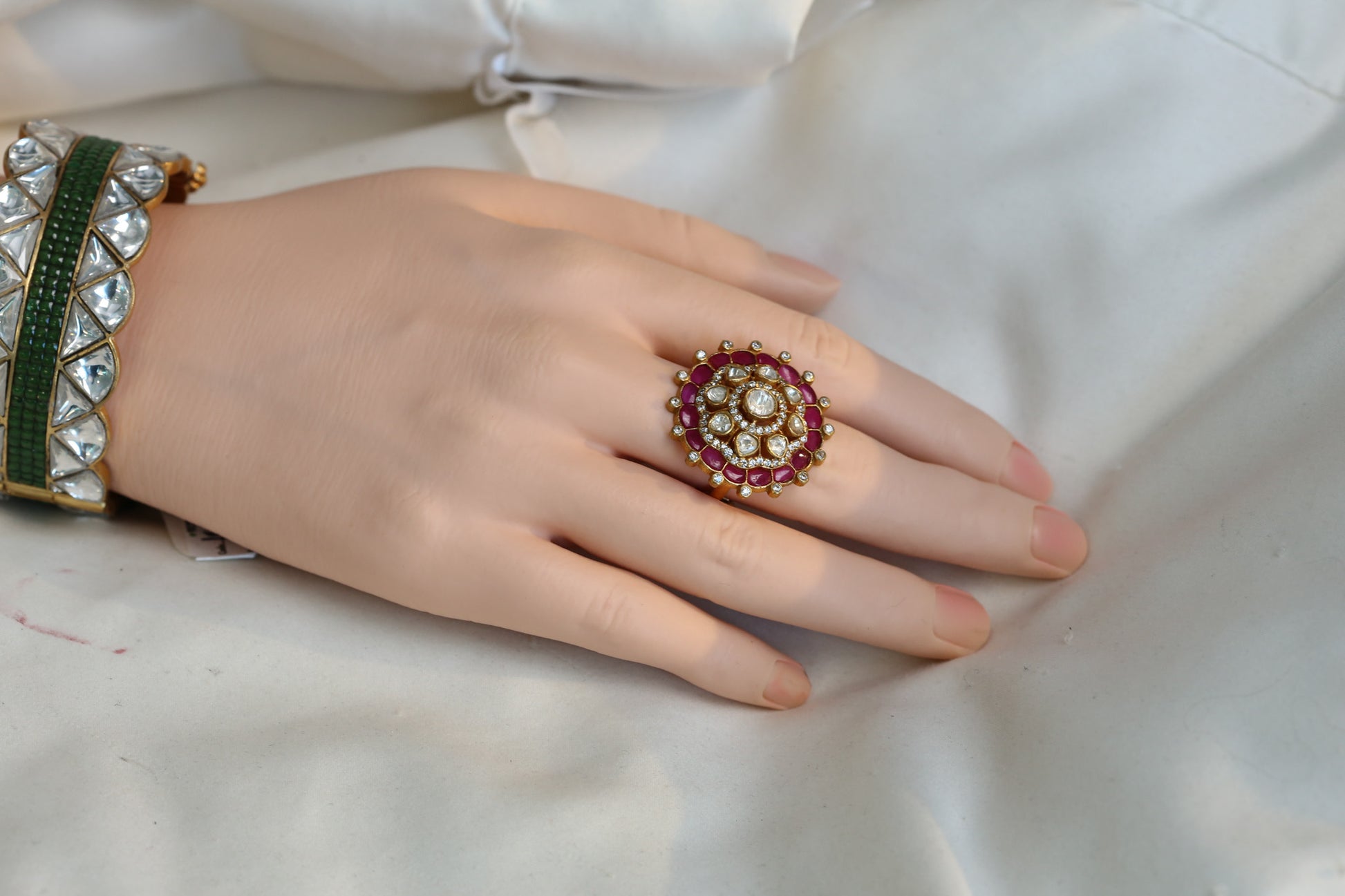 Fine CZ, Moissanites & Kundan Polki Ring - Ruby