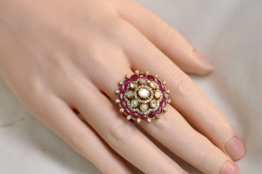 Fine CZ, Moissanites & Kundan Polki Ring - Ruby