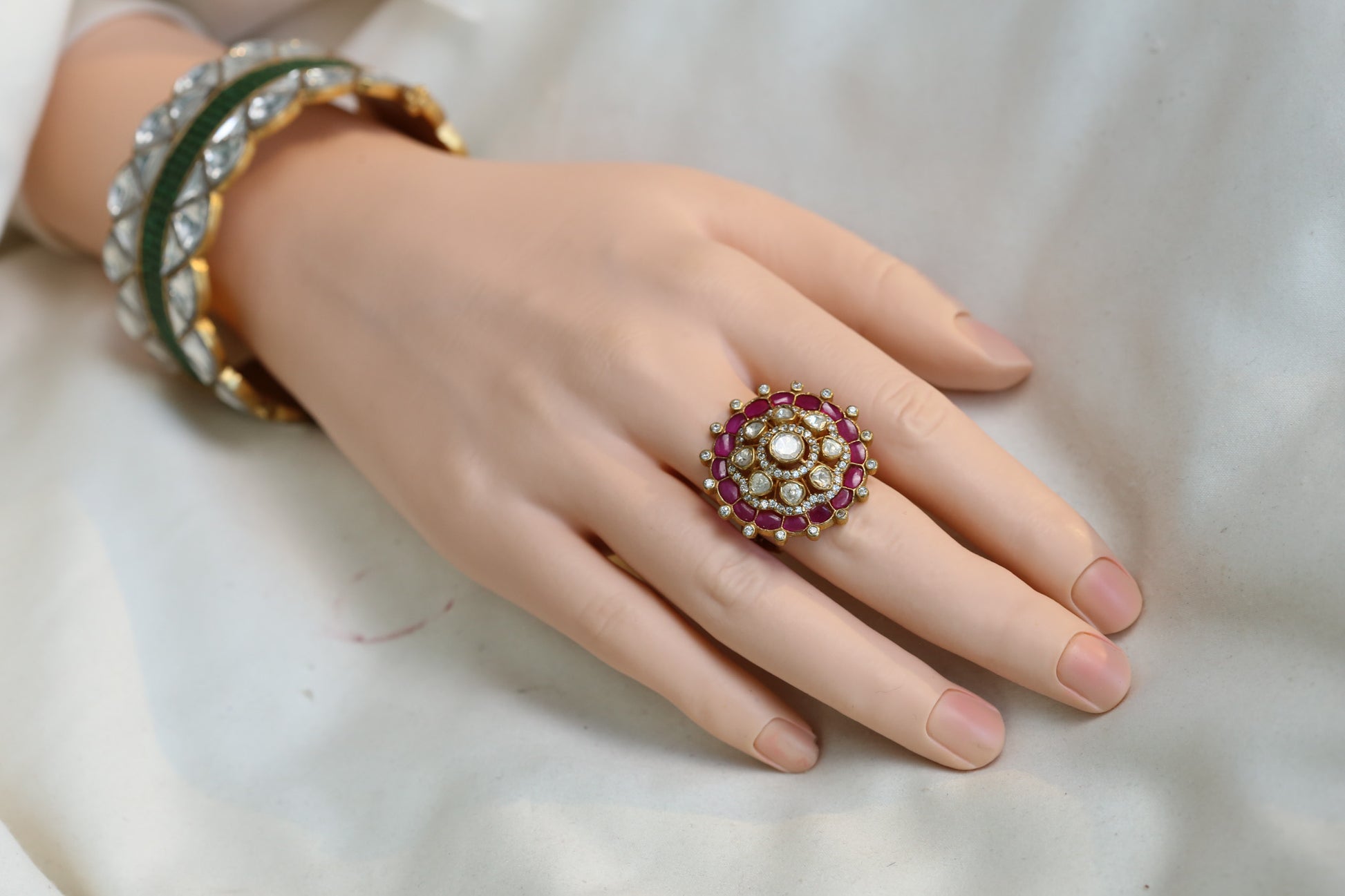 Fine CZ, Moissanites & Kundan Polki Ring - Ruby