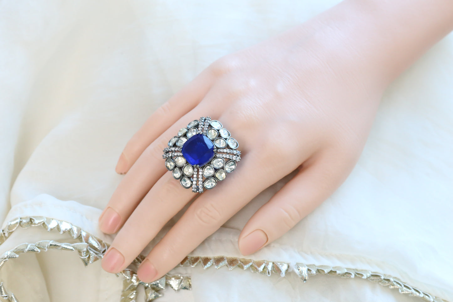 Kundan Doublet Rings ( Adjustable) - Blue