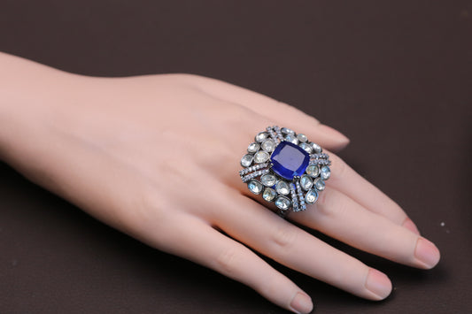 Kundan Doublet Rings ( Adjustable) - Blue