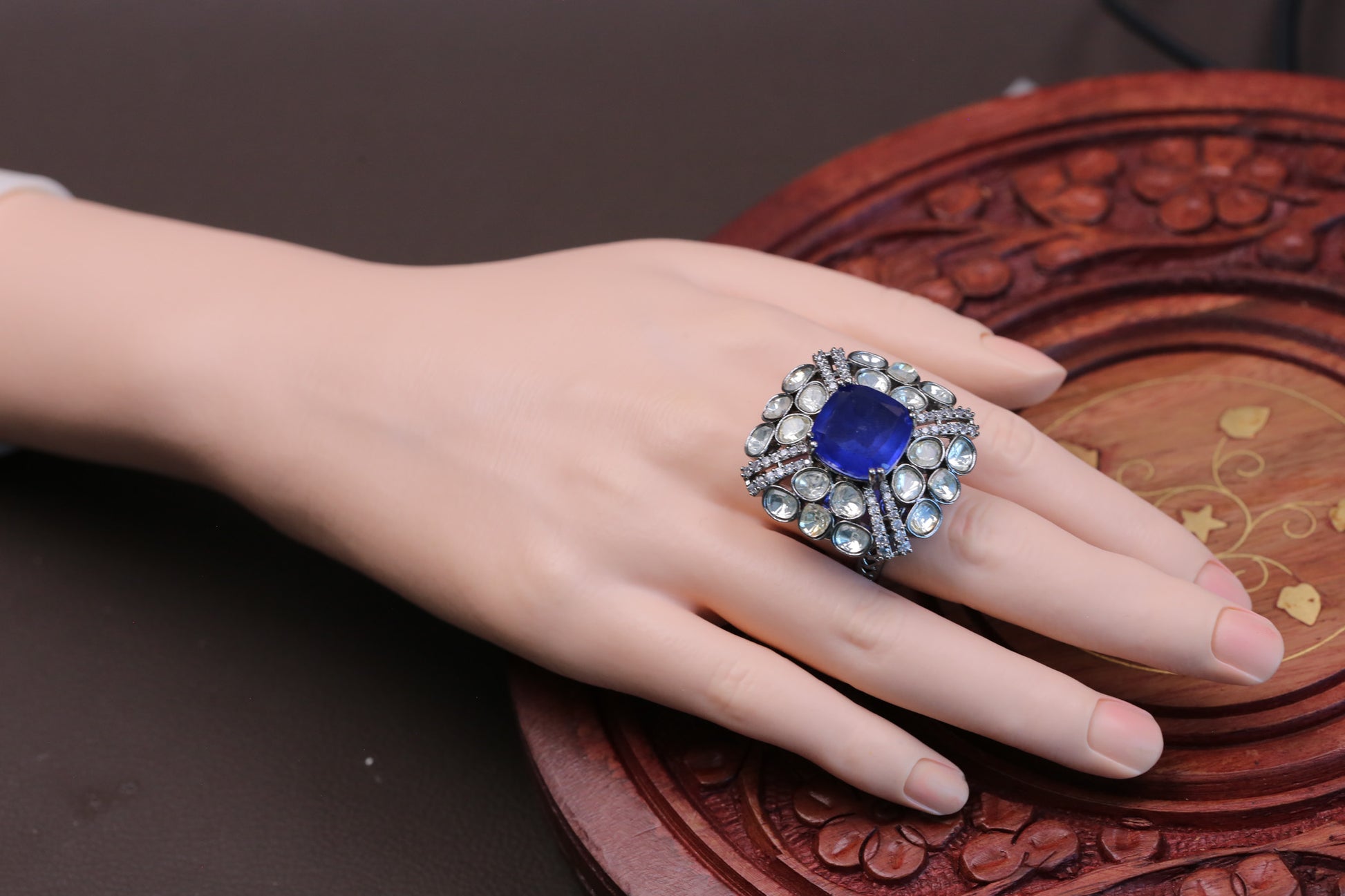 Kundan Doublet Rings ( Adjustable) - Blue
