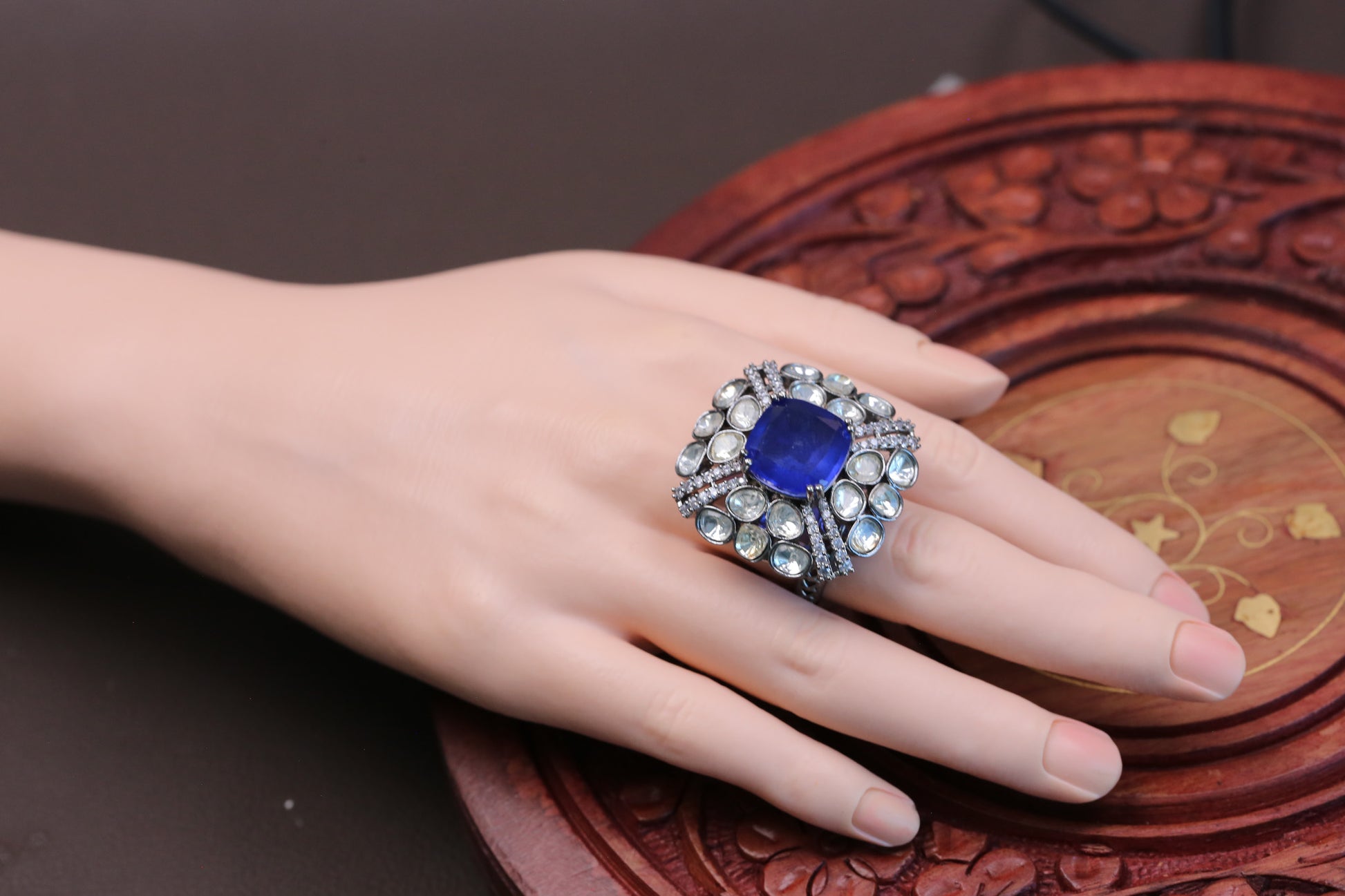 Kundan Doublet Rings ( Adjustable) - Blue