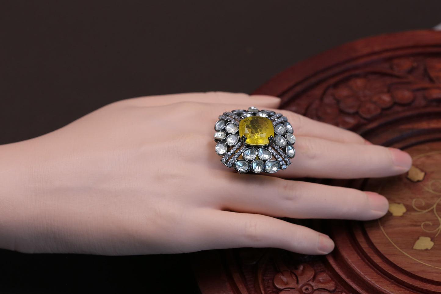 Kundan Doublet Rings ( Adjustable) - Yellow