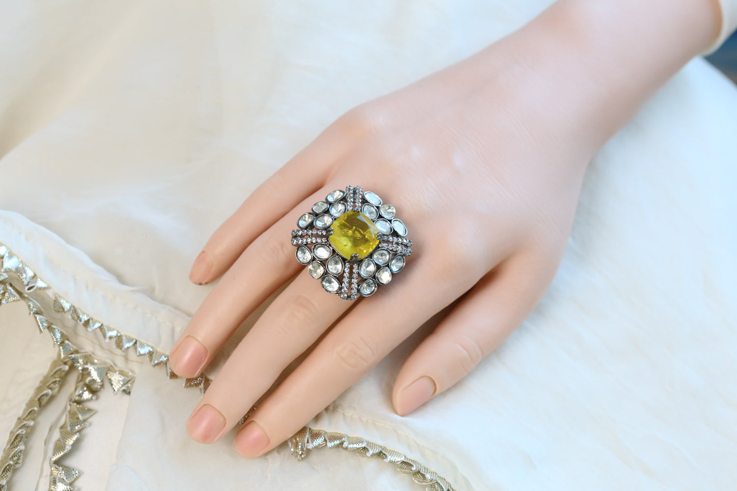 Kundan Doublet Rings ( Adjustable) - Yellow