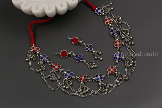 Reet Real Glass Necklace Set - Blue Red