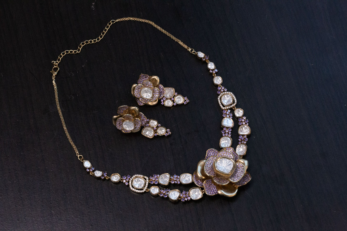 Contemporary 3D Look CZ & Polki Set Necklace Set - Lavender