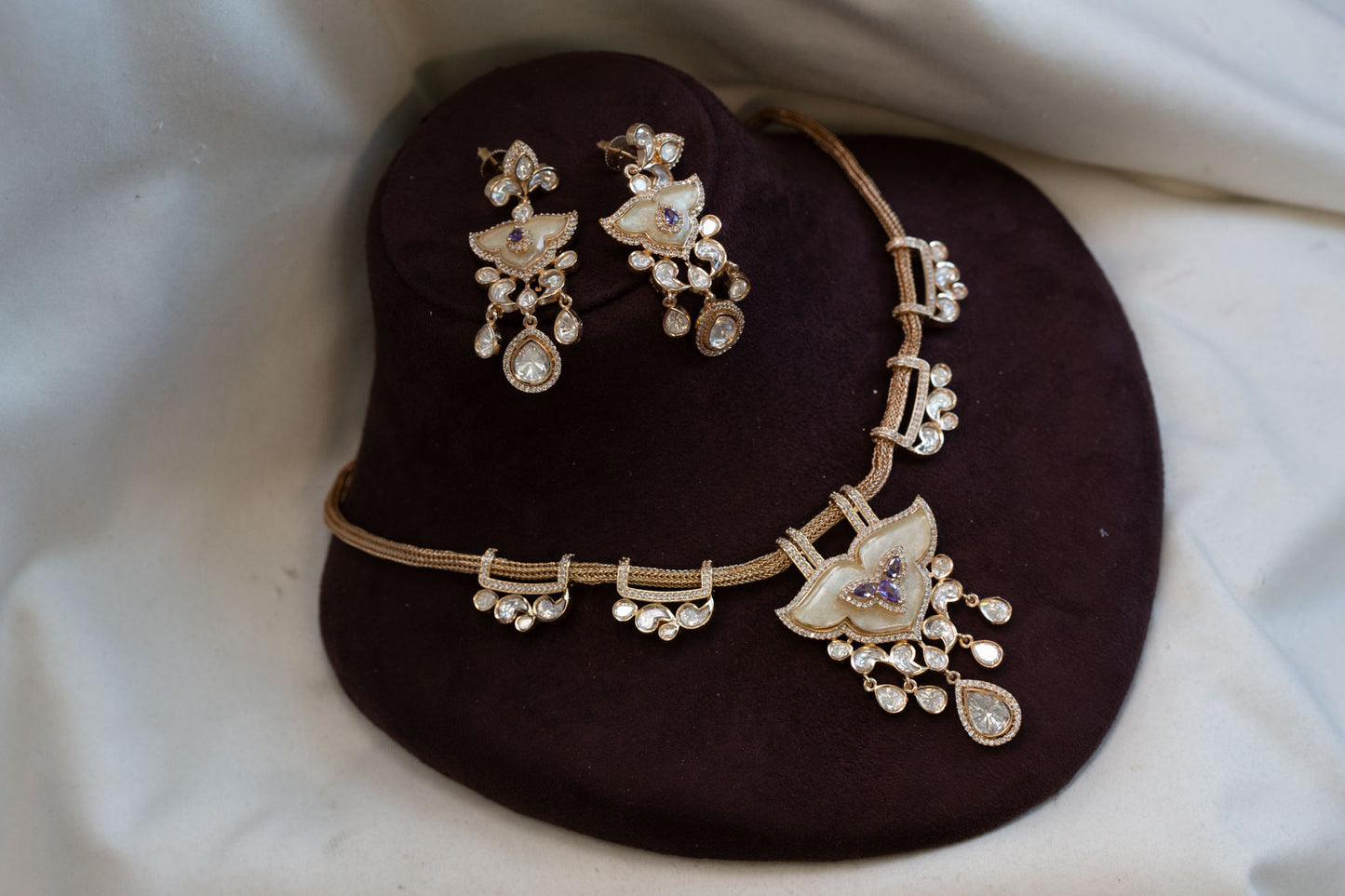 Kundan Polki CZ & MOP Necklace Set - Purple