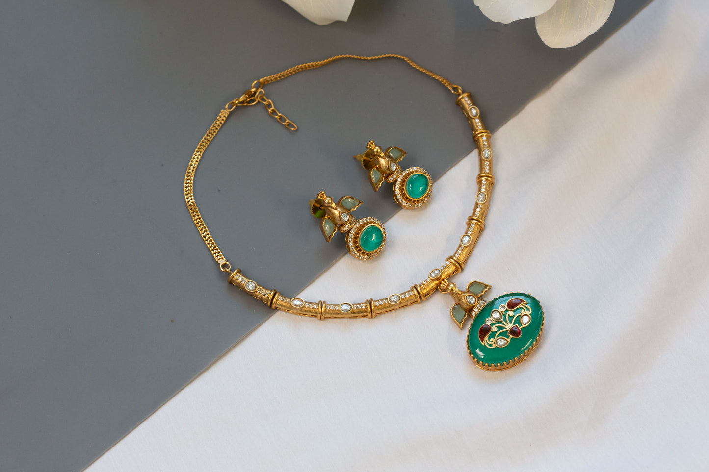 Inlay kundan Polki Necklace Set -Mint