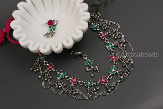 Reet Real Glass Necklace Set - Green Pink