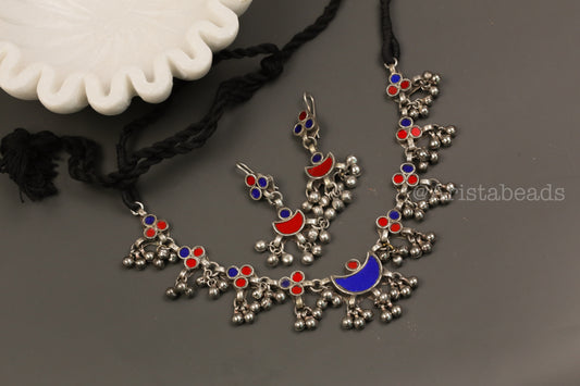 Anuja Real Glass Necklace Set - Red Blue