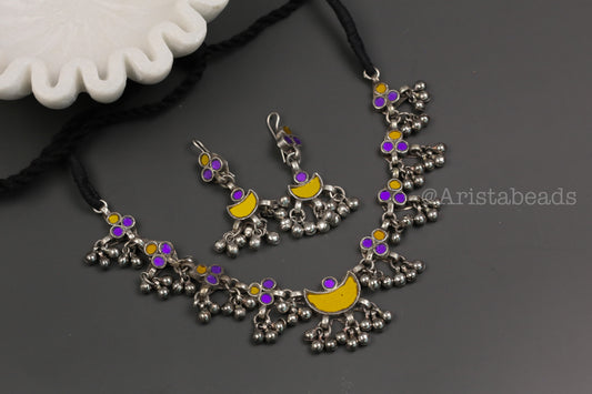 Anuja Real Glass Necklace Set - Yellow Purple