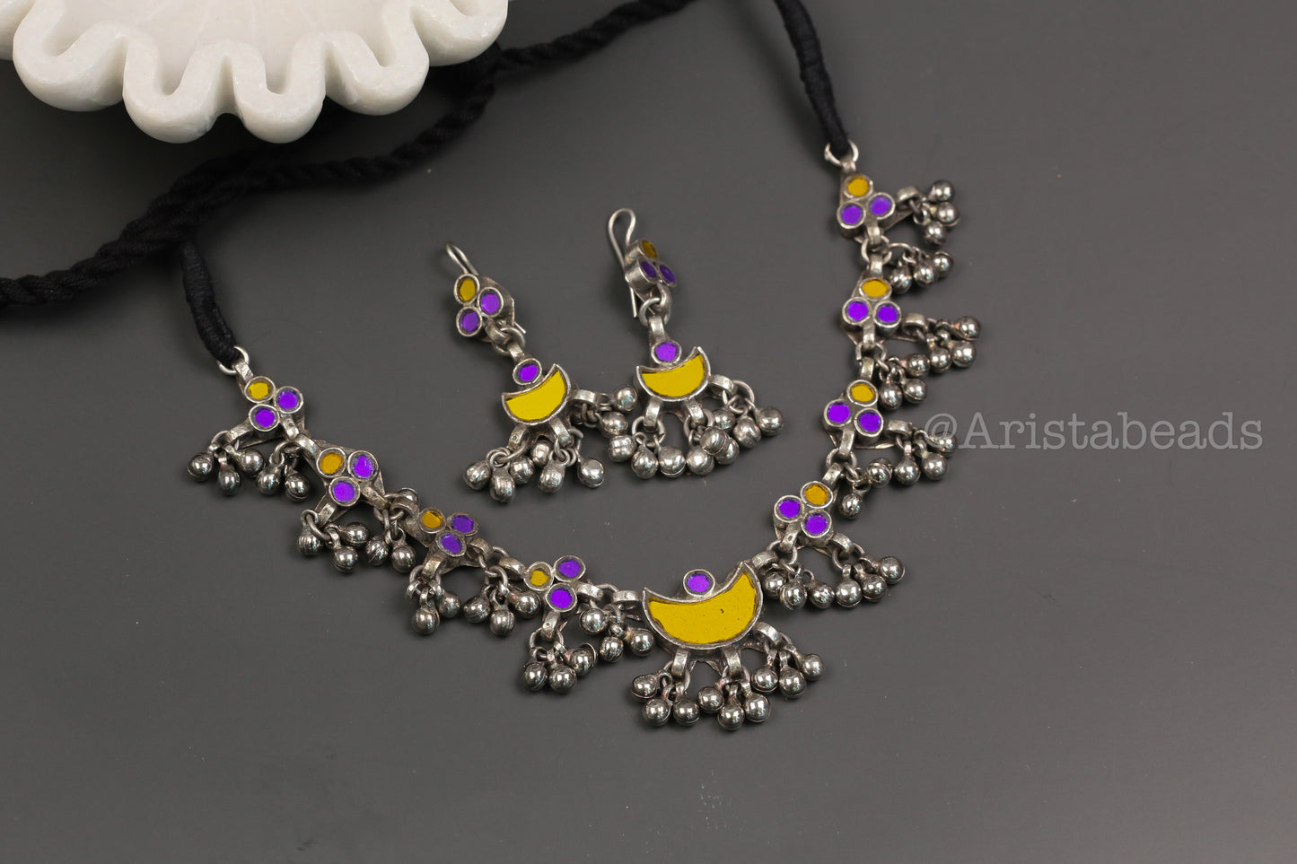 Anuja Real Glass Necklace Set - Yellow Purple