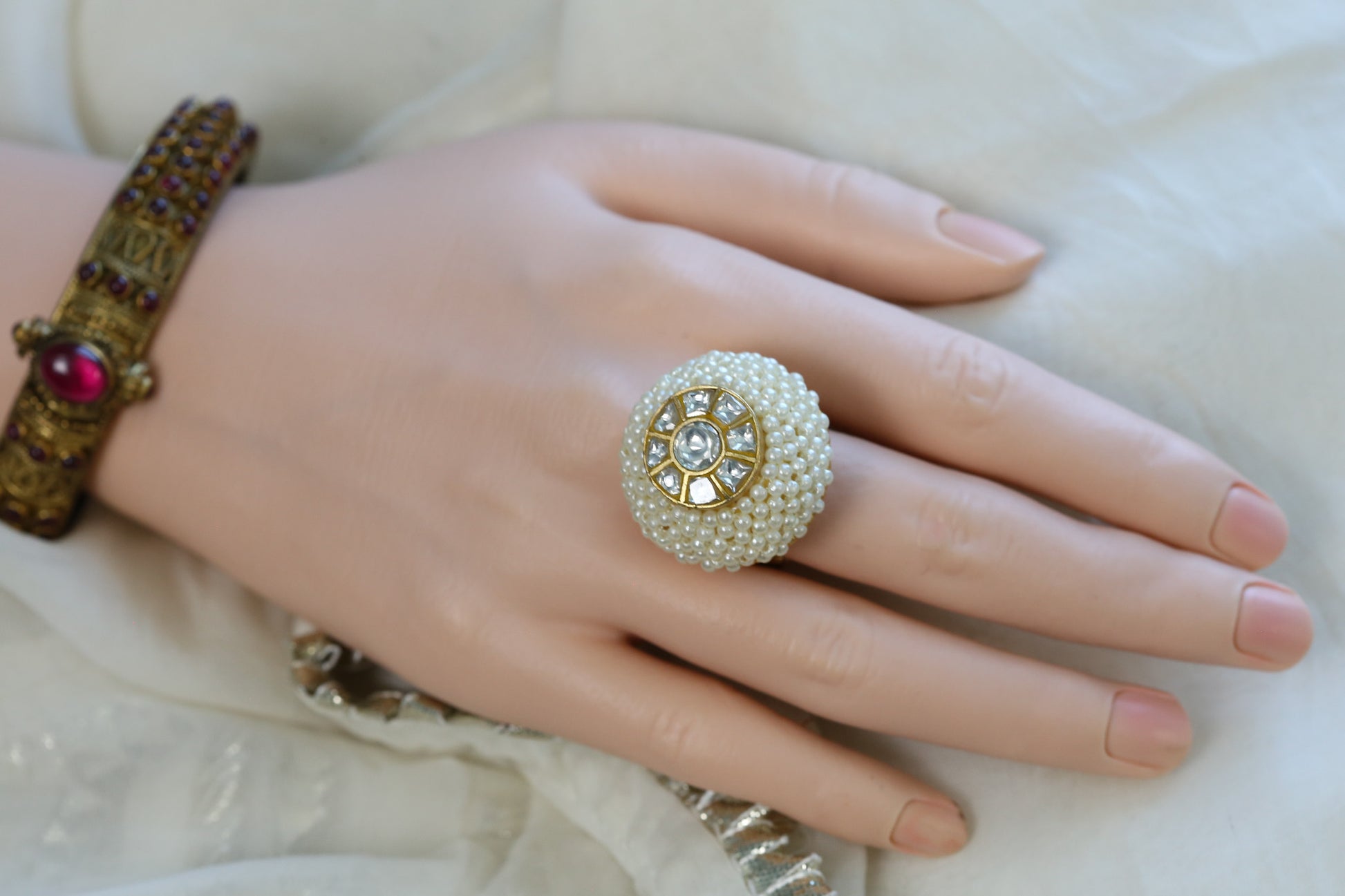 Kundan Polki Pear Rings (Adjustable)