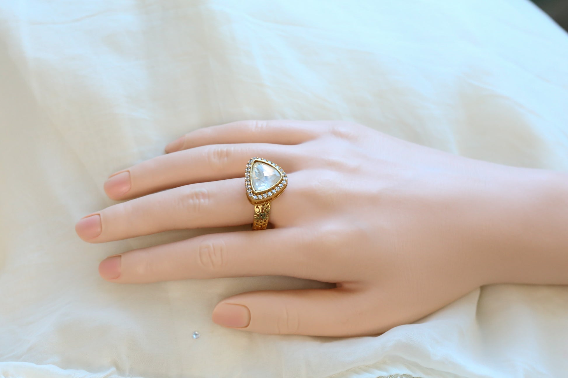 Triangle Kundan Polki CZ Ring