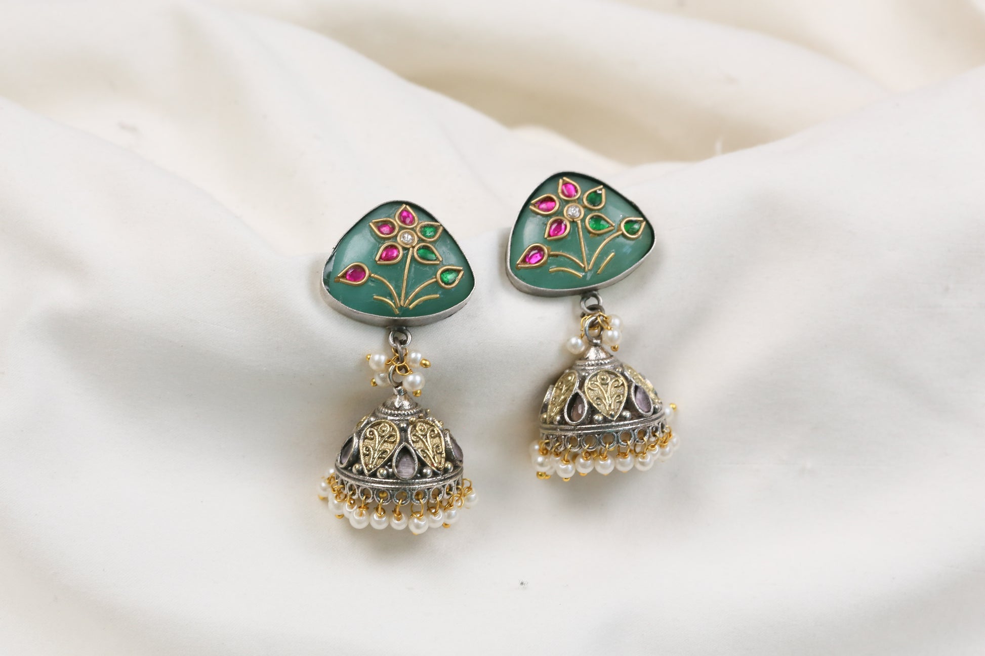 Preeti Kundan Fusion Jhumka - Mint (ABJOC-32)