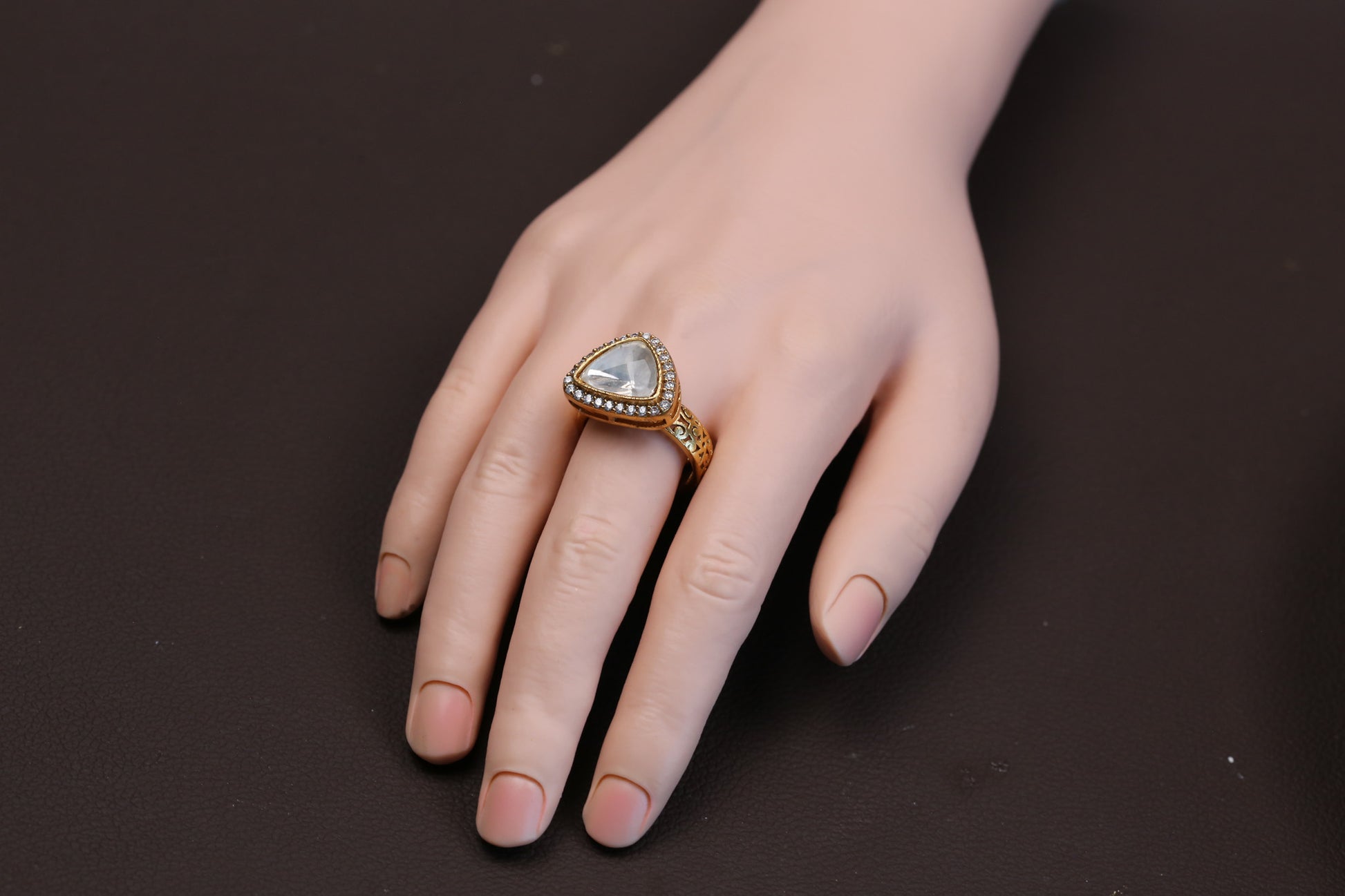 Triangle Kundan Polki CZ Ring