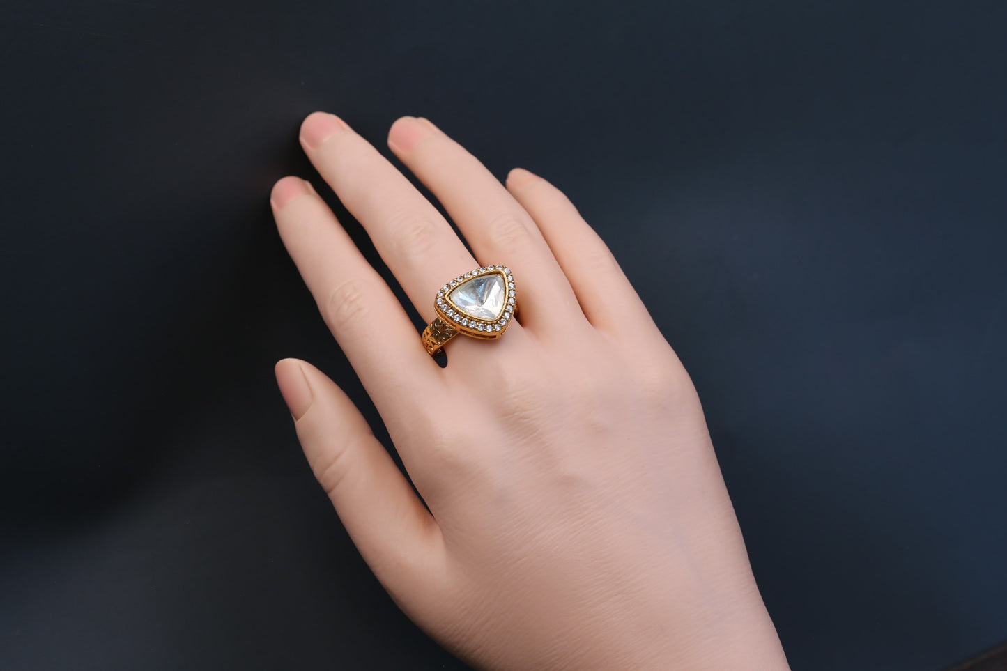 Triangle Kundan Polki CZ Ring
