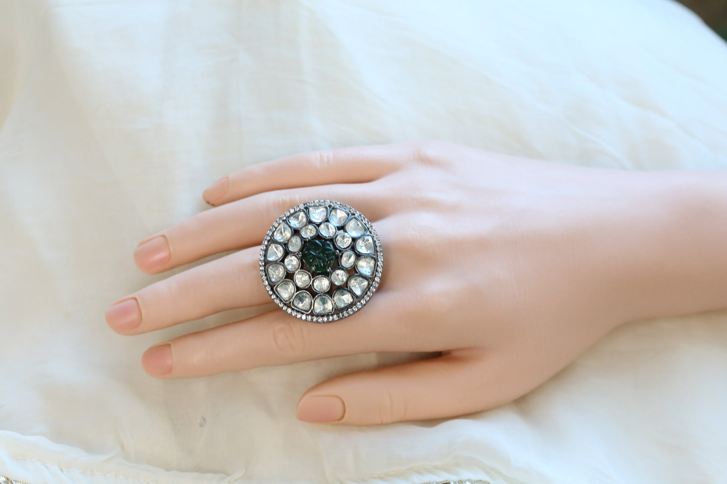 Premium Quality Uncut Victorian Polki Ring - Dark Green