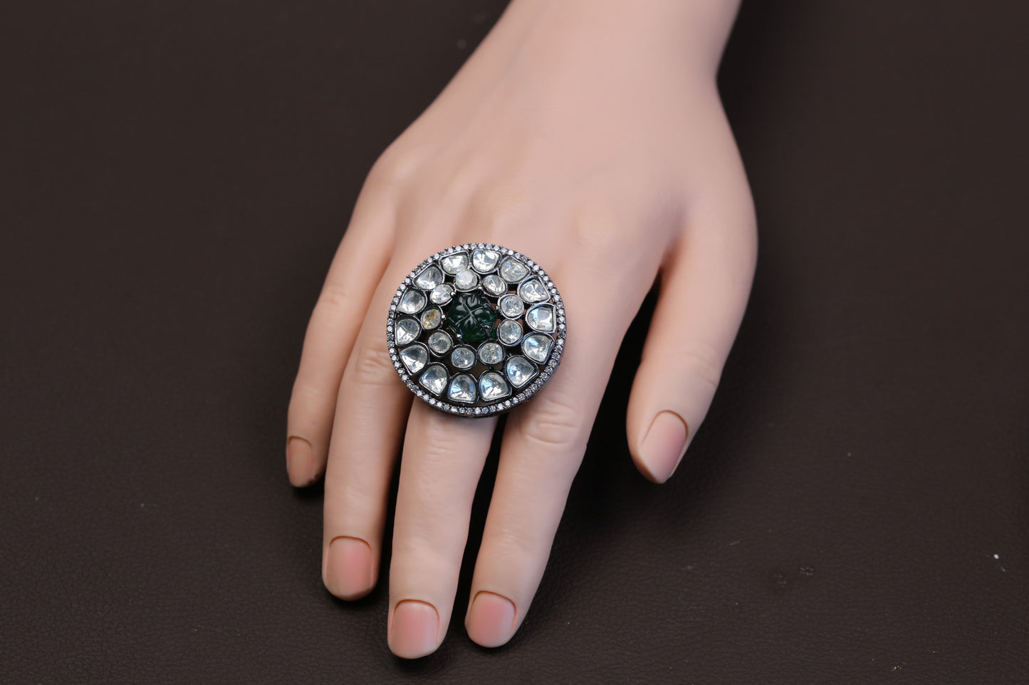 Premium Quality Uncut Victorian Polki Ring - Dark Green