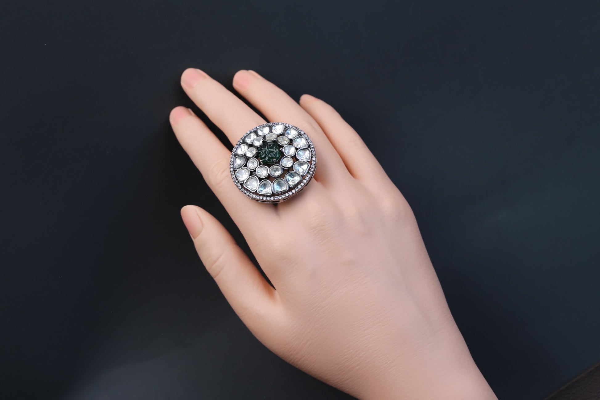 Premium Quality Uncut Victorian Polki Ring - Dark Green