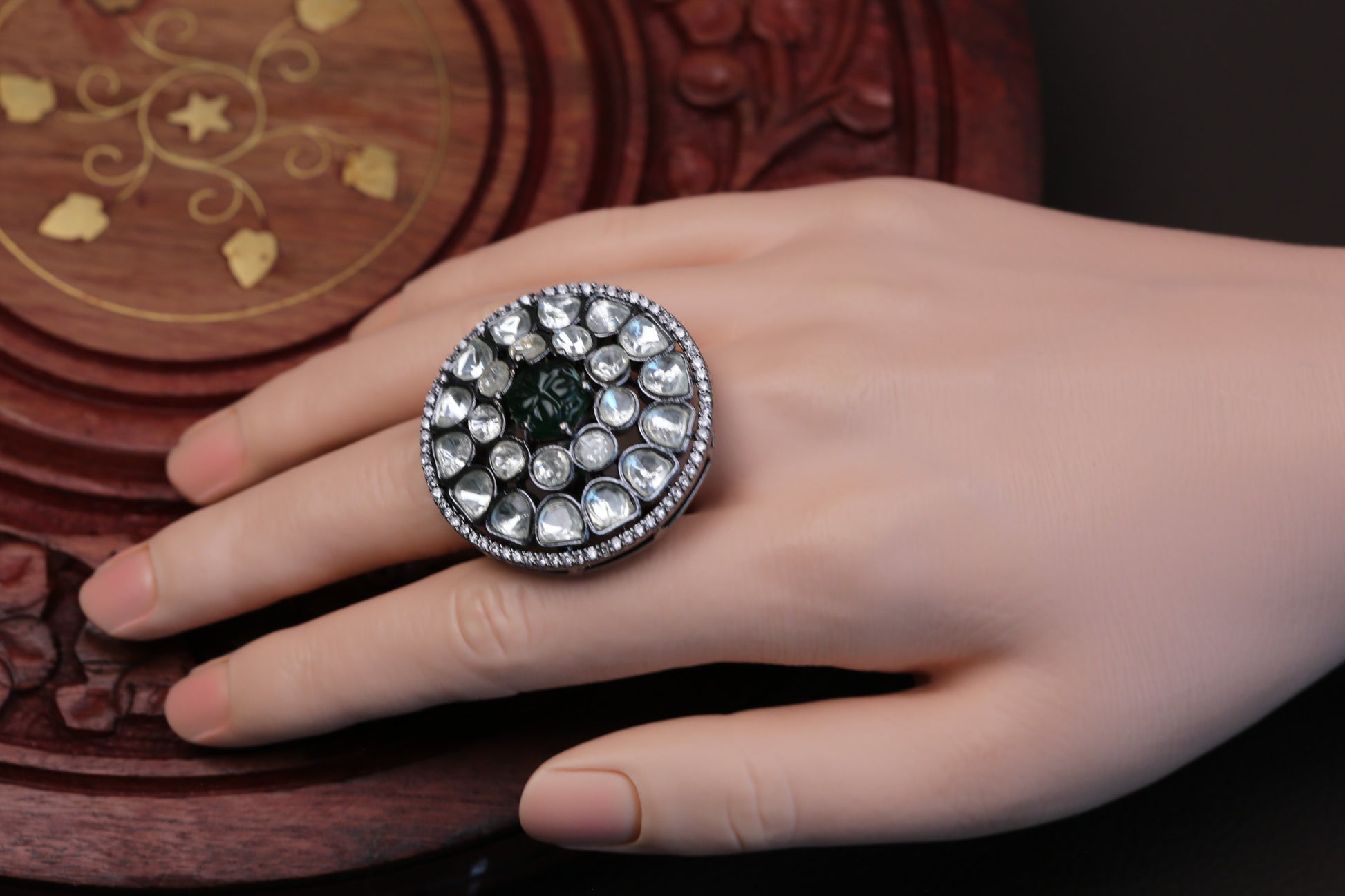 Premium Quality Uncut Victorian Polki Ring - Dark Green