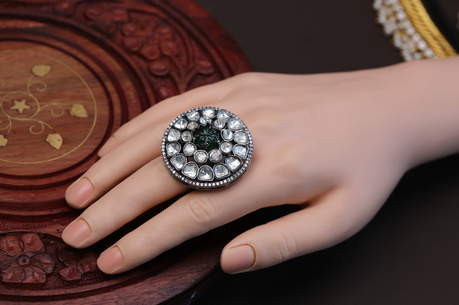 Premium Quality Uncut Victorian Polki Ring - Dark Green