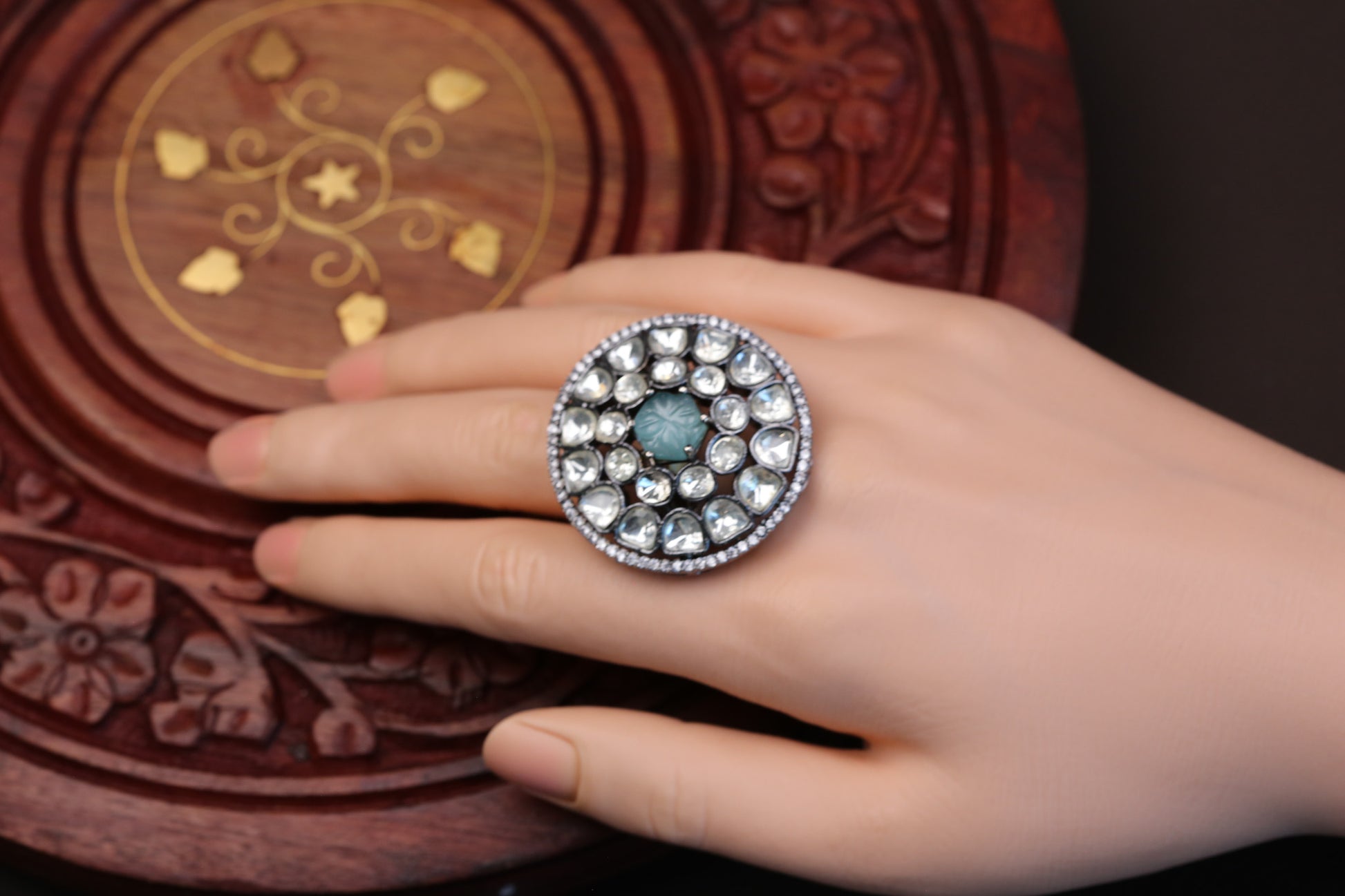 Premium Quality Uncut Victorian Polki Ring - Aqua