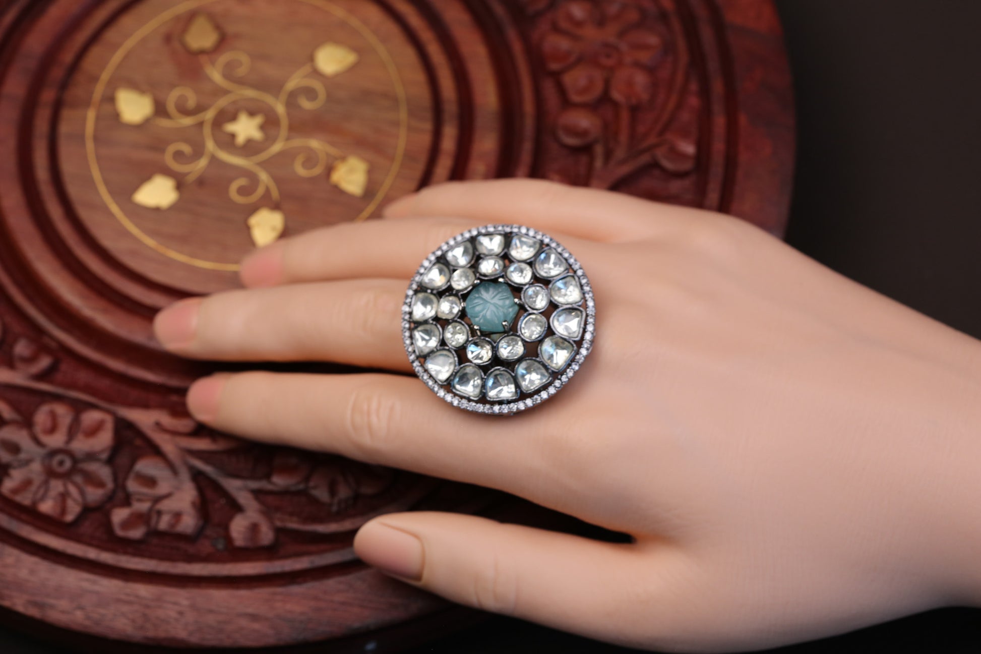 Premium Quality Uncut Victorian Polki Ring - Aqua