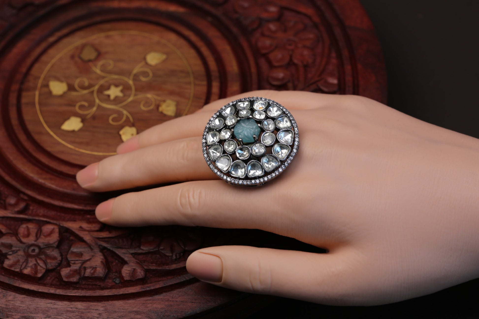 Premium Quality Uncut Victorian Polki Ring - Aqua