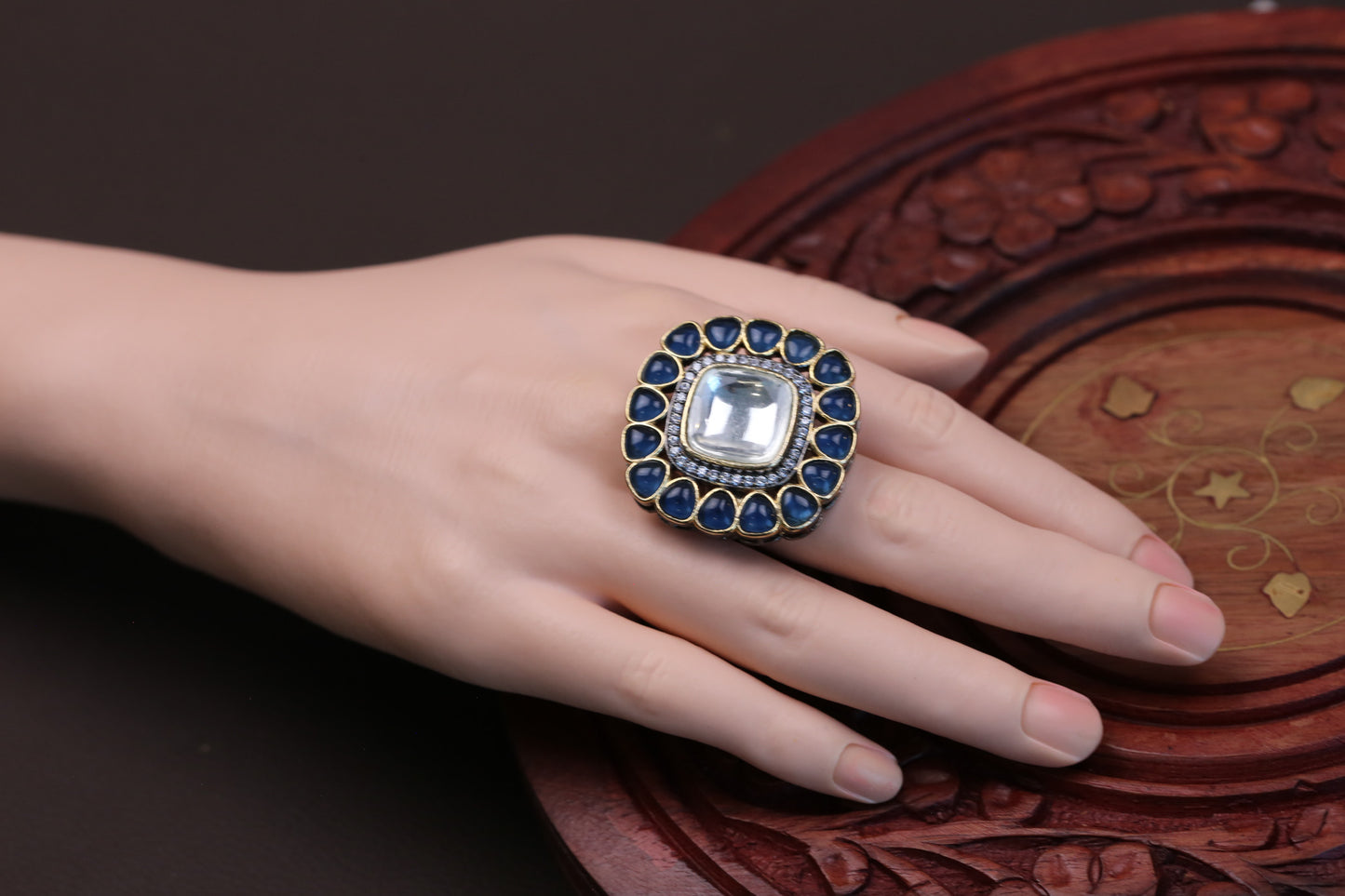 Premium Pota & Kundan Polki Ring - Blue