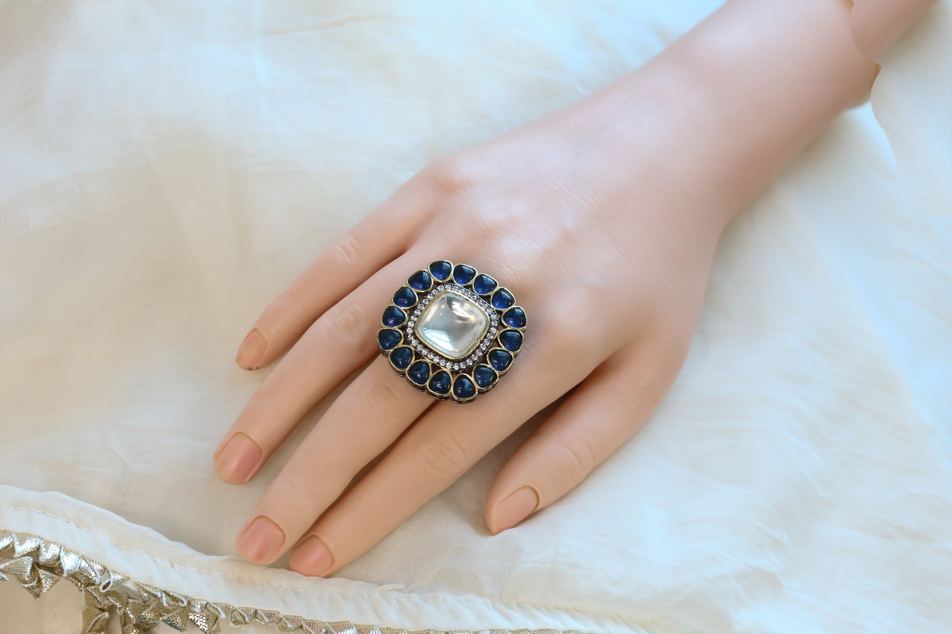 Premium Pota & Kundan Polki Ring - Blue