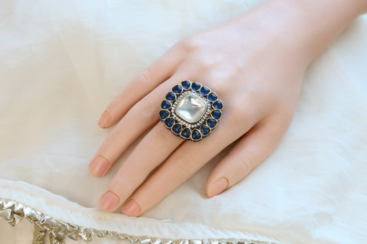 Premium Pota & Kundan Polki Ring - Blue