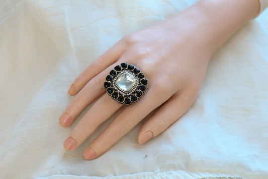 Premium Pota & Kundan Polki Ring - Black