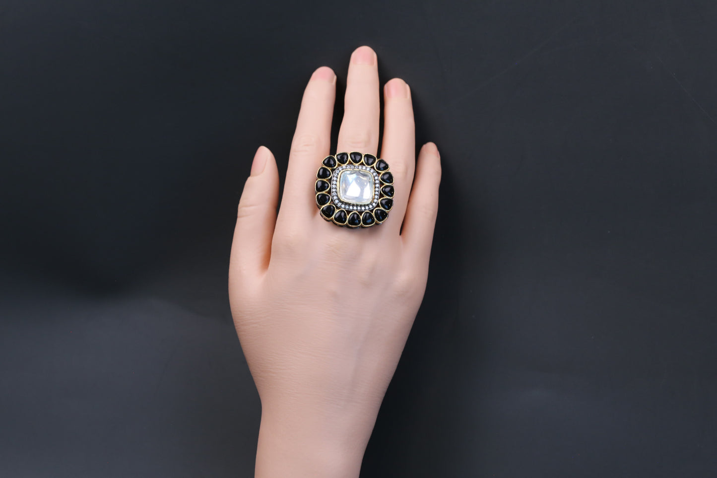 Premium Pota & Kundan Polki Ring - Black
