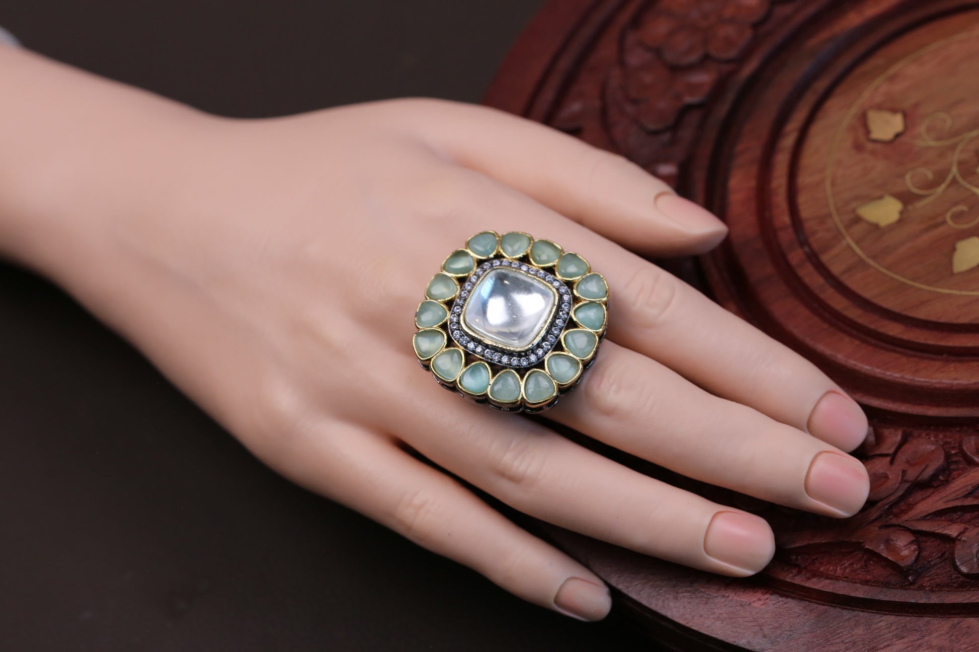 Premium Pota & Kundan Polki Ring -Mint