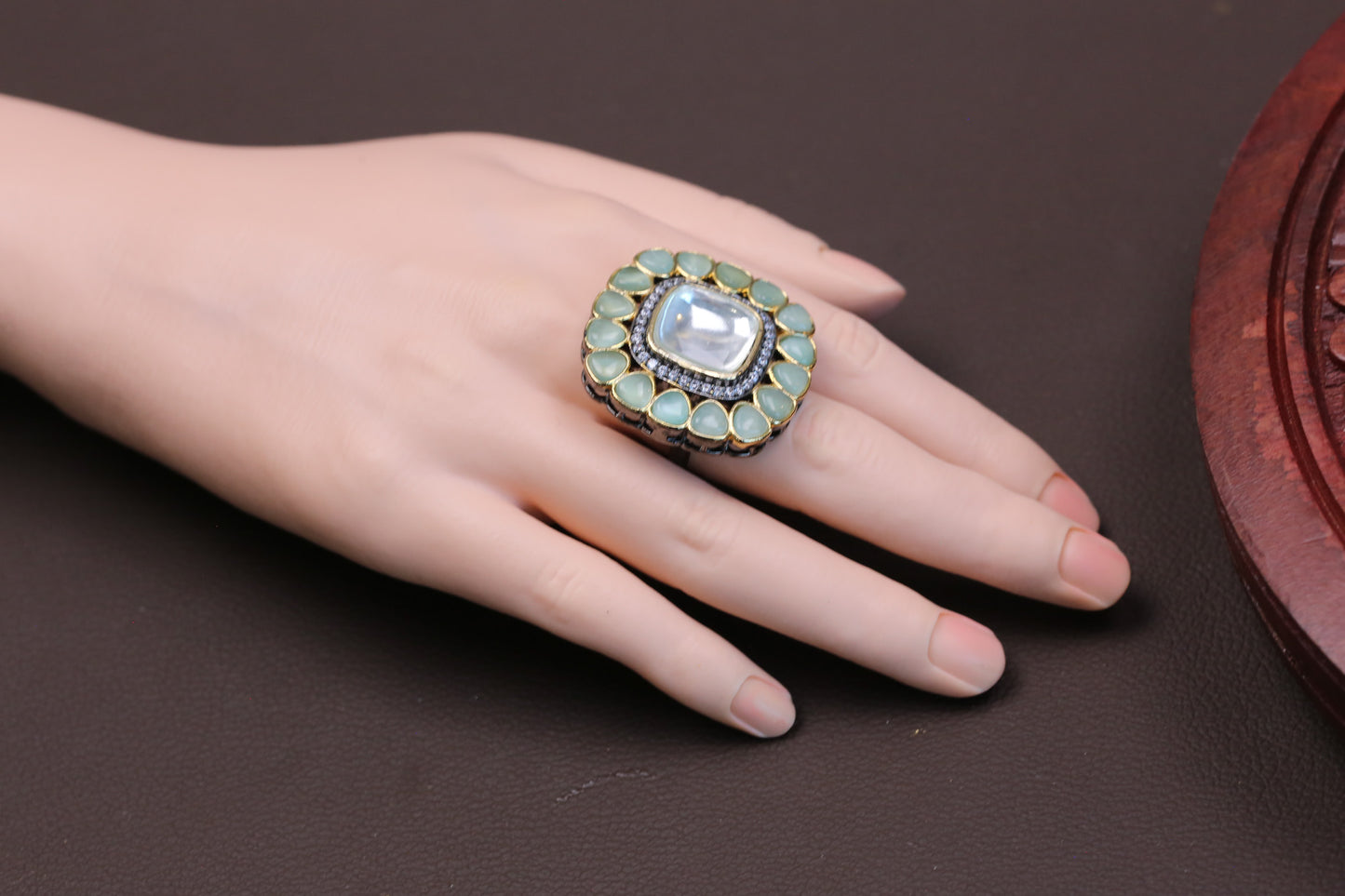 Premium Pota & Kundan Polki Ring -Mint