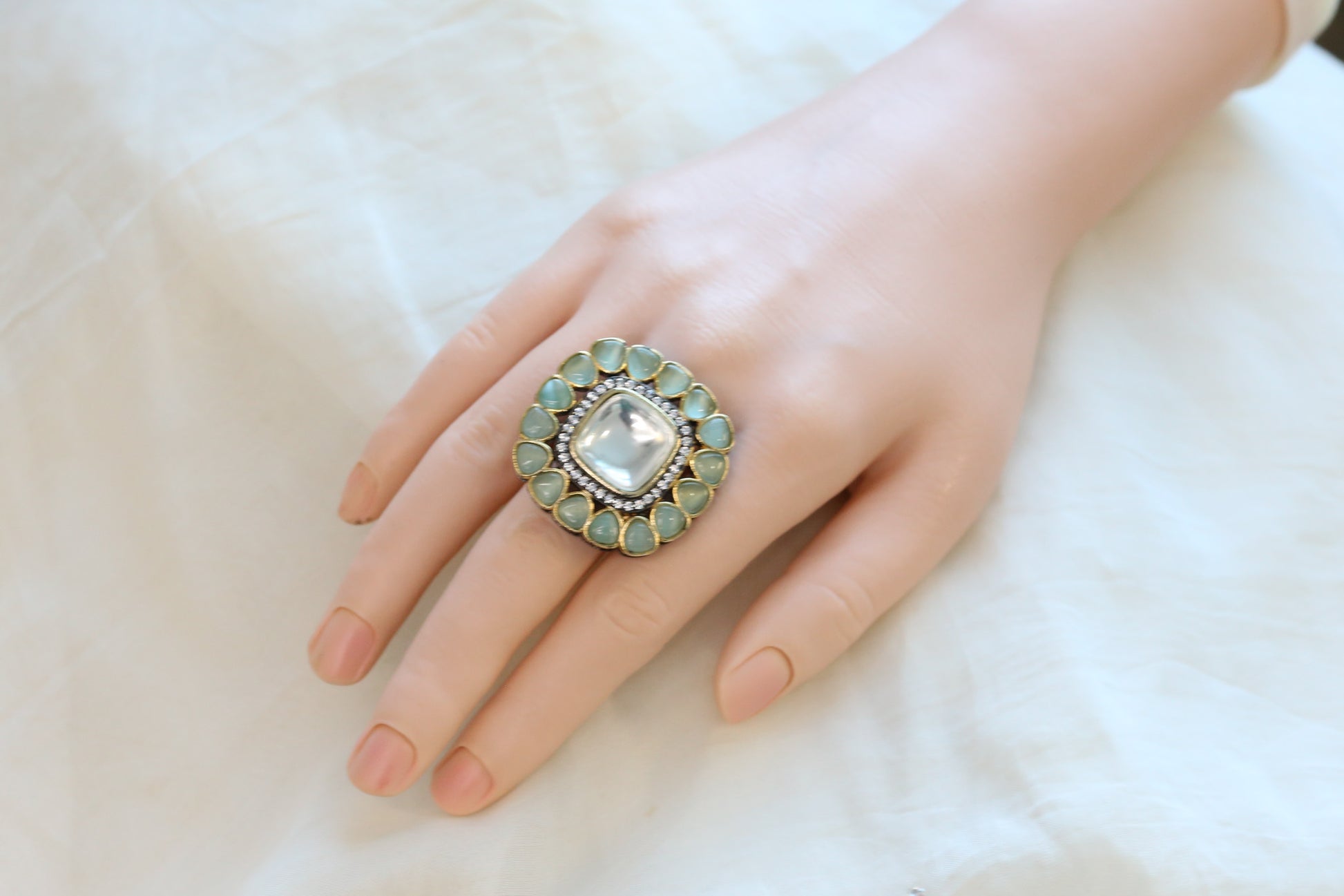 Premium Pota & Kundan Polki Ring -Mint