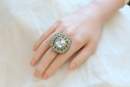 Premium Pota & Kundan Polki Ring -Mint