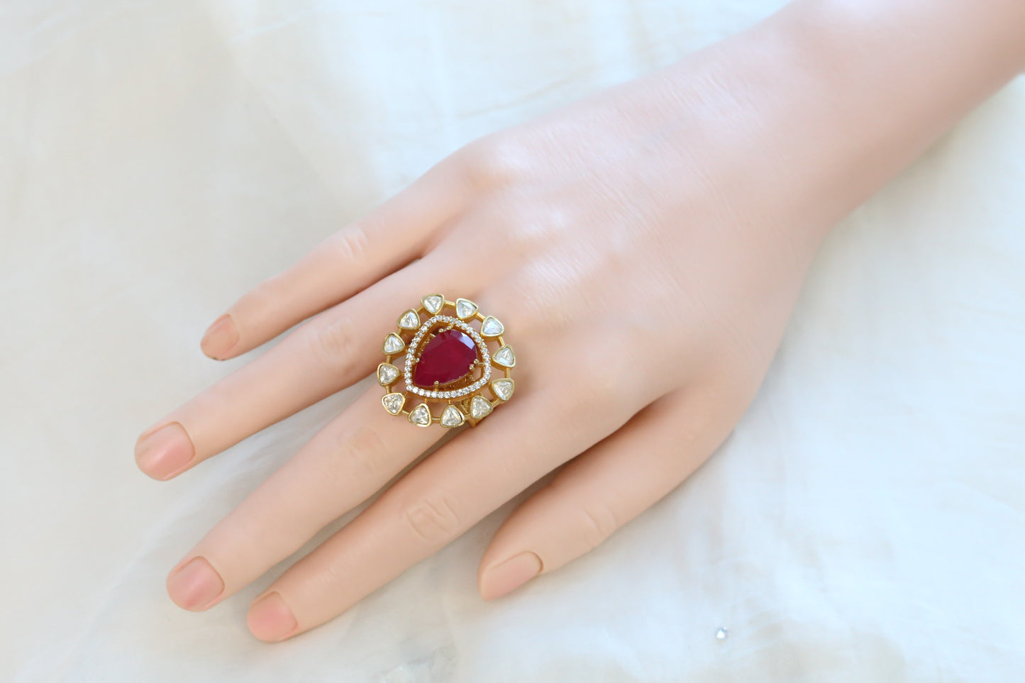 Fine CZ & Real Moissanite Ring -Red