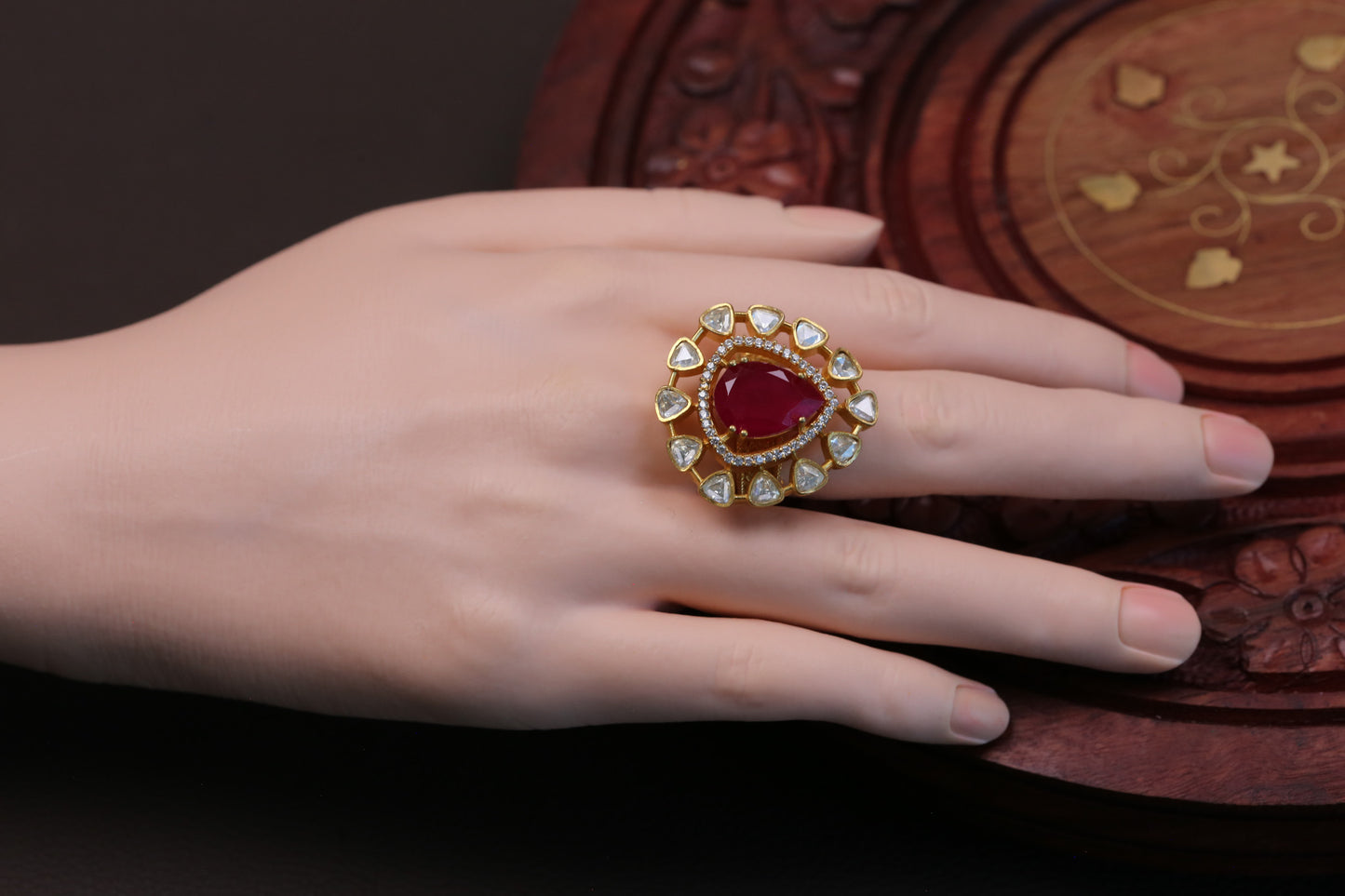 Fine CZ & Real Moissanite Ring -Red