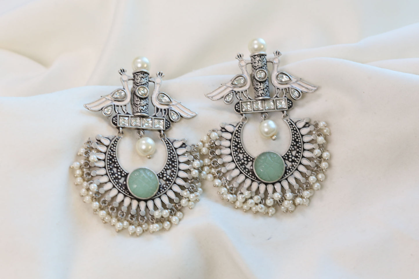 Peacock Kundan Enamel Chandbaali - Silver Finish