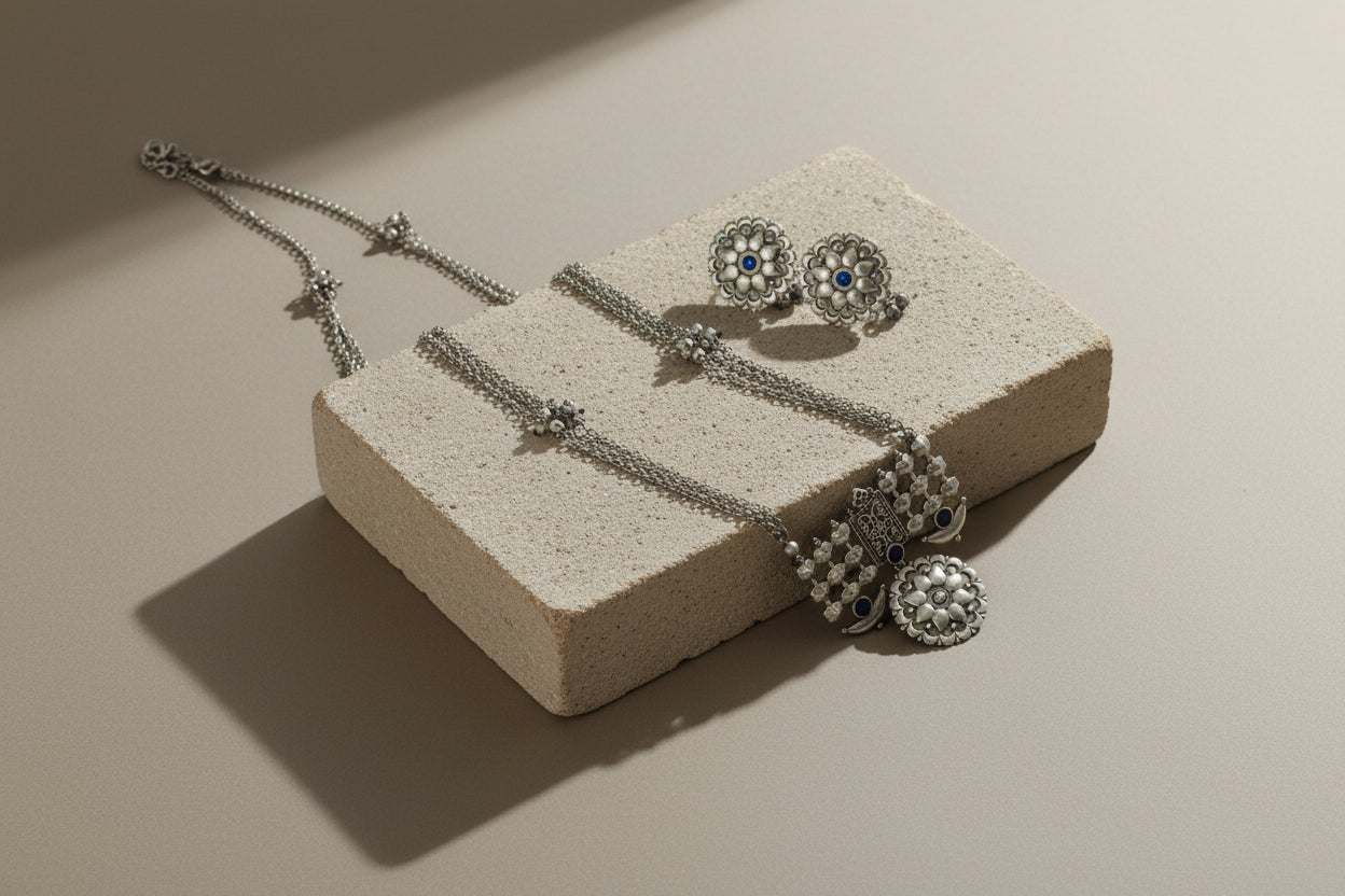 Sana Oxidized Silver Look Necklace Set -Blue